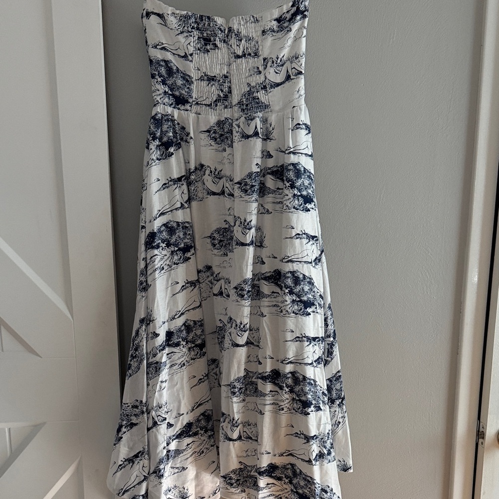 Reformation White Strapless Dress with Navy Scenic Print - Picture 5 of 5